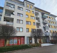 A building with commercial spaces on Budovateľská Street in Šaľa with a winter touch.