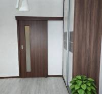 Interior of a 3-room apartment with a wooden decor floor, a large wardrobe, and sliding doors.