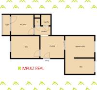Floor plan of a 2-room apartment with a loggia, kitchen, bathroom, and two rooms.
