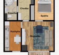 Floor plan of a 2-room apartment with a living room, kitchen, bathroom, and balcony.