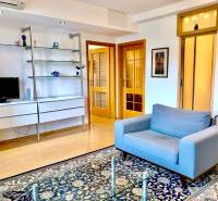 Living room with a sofa, shelves, carpet, and wooden decor flooring in a 2-room apartment.