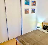 Bedroom in a 2-room apartment with a bed, built-in wardrobe, and wall decorations.