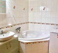 Bathroom with tiles, bathtub, and washing machine in a 2-room apartment.