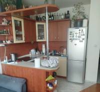 Compact kitchen in a studio apartment with a corner unit, refrigerator, and shelves.