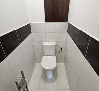 A toilet with white tiles and dark stripes in a three-room apartment.