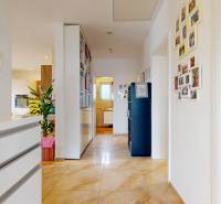 A hallway in a 4-room apartment with decorations, plants, and tiled flooring.
