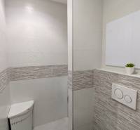 Bathroom in a 3-room apartment with a toilet, light tiles, and a built-in tank.