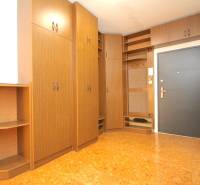 Entrance hall in a 2-room apartment with wooden decor furniture and flooring.