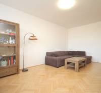 Living room in a two-room apartment with a sofa, lamp, and wooden decor flooring.