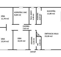 Floor plan of a family house with four rooms, a bathroom, a kitchen, and a living hall.