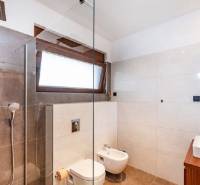 Bathroom in a villa with a glass-enclosed shower and modern sanitary equipment.