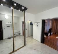 In the 3-room apartment, there is a mirrored wardrobe and a wooden decor floor in the living room.