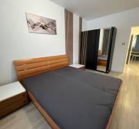 A bedroom in a 3-room apartment with a wooden decor floor, a wardrobe, and a modern painting.
