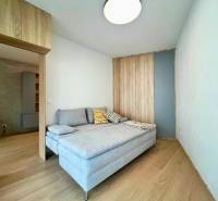 Living room in a two-room apartment with a sofa and a wooden decor floor.