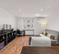 A one-bedroom apartment with a wooden decor floor, a sofa, and a desk.