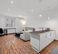 Bright 1-room apartment with wood-patterned flooring, equipped with a kitchen and a work corner.