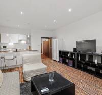 Living room in a studio apartment with a wooden decor floor, kitchen with seating.