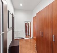 Hallway of a 1-room apartment with a large wardrobe and a mirror, floor with wooden decor.