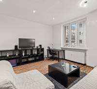 Living room in a one-bedroom apartment with wood-patterned flooring, a sofa, and a desk.