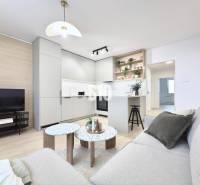 Living room in a 3-room apartment with a kitchen and a floor with a wood decor.