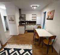 Kitchen space in a 2-room apartment on Brečtanová Street with wooden elements and decorations.