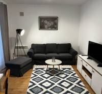 Nice 2-room apartment on Brečtanová Street: cozy living room, black sofa, stylish carpet.
