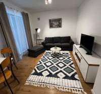 Living room of a two-room apartment on Brečtanová Street with a sofa and a television on a stand.