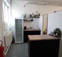 Interior with a table, sink, shelves, and a white cabinet in warehouses and halls.