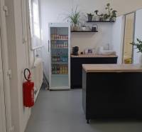 A small kitchenette in the warehouse and hall area with a refrigerator and plants.