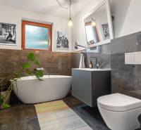 Bathroom in a 4-room apartment with a bathtub, large mirror, and plant, floor with wood decor.