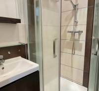 Bathroom in a 2-room apartment with a shower, sink, and washing machine.