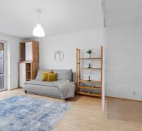 Living area of a studio apartment with a sofa, shelves, and a wooden-patterned floor.