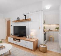 A studio apartment with a light interior, white furniture, TV, and a floor with a wood decor.