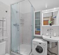 A bathroom in a studio apartment with a washing machine, shower, and white tiles.