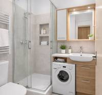 A bathroom with a shower, washing machine, sink, and toilet in a studio apartment.