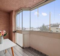 A glazed balcony with flowers on the table, view of roofs and trees.