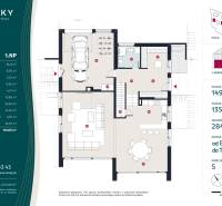 The floor plan shows the arrangement of rooms and spaces in a family house with a wooden decor floor.
