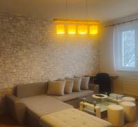 Living room with a sofa, stone cladding, wood-patterned flooring, and a large window.