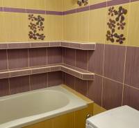 Bathroom in a 2-room apartment with tiles and a bathtub, decorated with floral patterns.