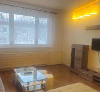 Living room with a TV, sofa, glass table, and wooden decor flooring in a two-room apartment.