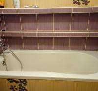 Bathroom with a bathtub, purple tiles, and a showerhead in a 2-room apartment.