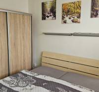 Bedroom in a 2-room apartment with a bed and a wardrobe with a wooden decor.