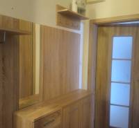 The interior of the hallway in a 2-room apartment with a floor featuring a wooden decor.