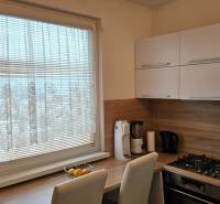 A kitchen in a 2-room apartment with a wooden decor floor and stone cladding on the wall.