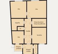 Floor plan of a family house with three rooms, a kitchen, and a bathroom.