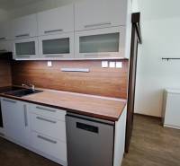A kitchen in a 2-room apartment with a countertop and white furniture.