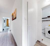 Hallway in a 3-room apartment with a wooden decor floor, a washing machine, and wall decorations.