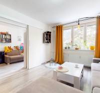 Living room in a 3-room apartment with a sofa, wood-patterned flooring, and yellow curtains.