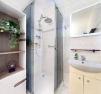 A bathroom in a 3-room apartment with a spacious shower and storage space.