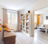 Living room of a 3-room apartment with shelves and decorative toys, floor with wood decor.